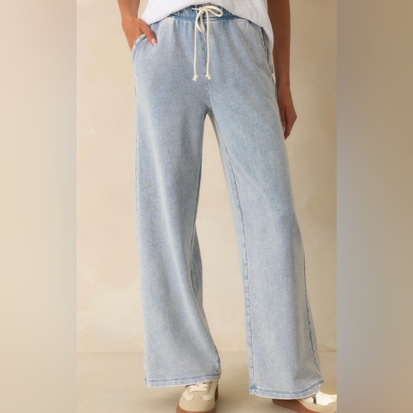 Z Supply Pants - Z Supply Hunter Denim Cotton Knit Light Blue Wide Leg Pants with Drawstring SZ.M